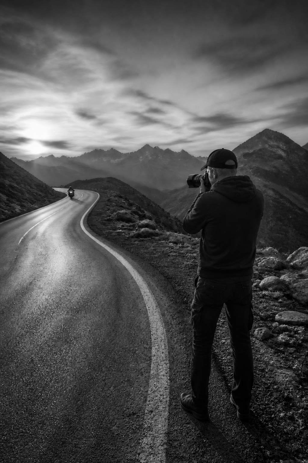 Fotógrafo deportivo junto a una carretera de montaña