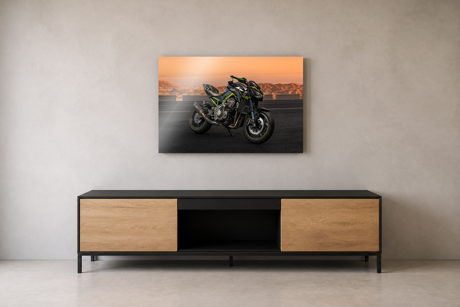Impresión en metacrilato de una Kawasaki sobre una pared